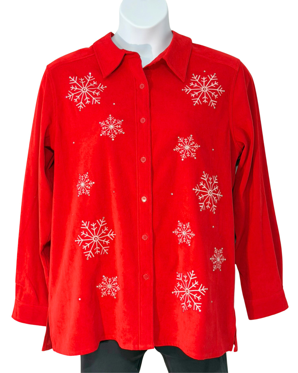 Quacker Factory Sz L Button Down Blouse Embroidered Snowflakes Red Festive Xmas